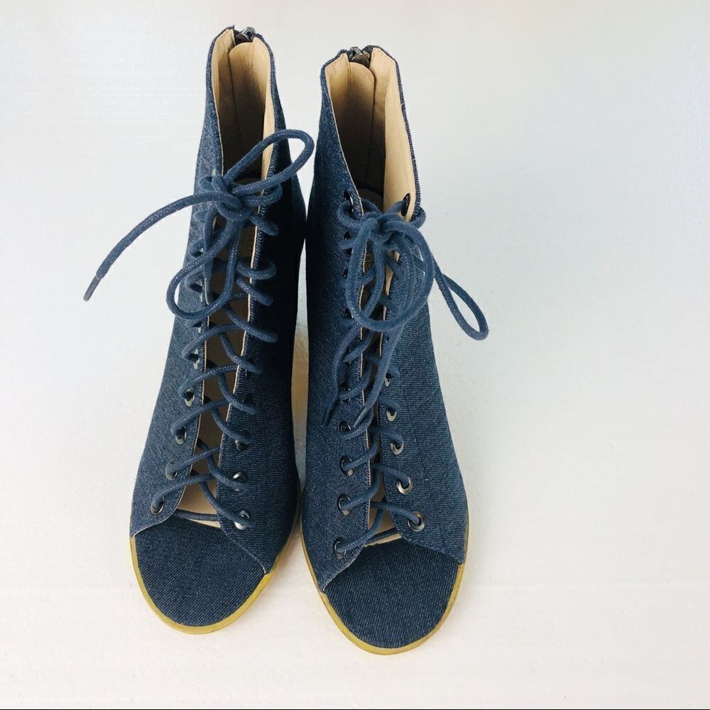 New Catherine Malandrino Boots Open Toe Lace Up Denim Blue Sz 6.5